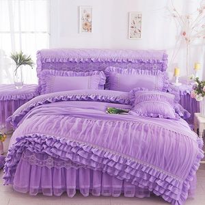 Pink Beige Purple Lace Princess Bedding set King Queen Size 4pcs Ruffles Bedspread Bed Skirt Wedding Duvet Cover Bed Sheet Linen P229J