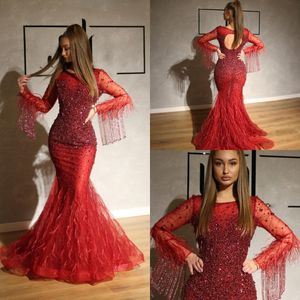 2020 Luxurious Evening Dresses Lace Appliques Beads Crystal Feather Mermaid Prom Gowns Custom Made Plus size Special Occasion Dress