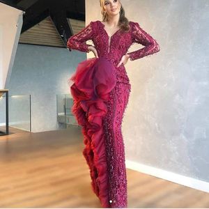 Dark Red Mermaid Evening Dresses Ruffles B Neck Beads Appliques Lace African Dubai Prom Dress Plus Size vestido de festa