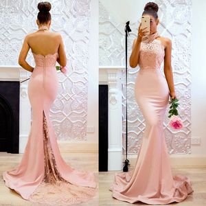 Halter Mermaid Prom Dress 2019 Sexy Open Back Evening Dress With Lace Appliques Girls Formal Party Gowns In Stock