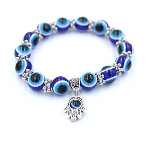 S204 Blue Evil Eye Hamsa Hand Fatima Palm Beads Bracelets for Women Beads Chain Vintage Jewelry Female Elastic Bracelets