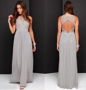 Silver Bridesmaid Dress For Wedding Long Chiffon A-Line Backless Formal Dresses Party Lace Modest Maid Of Honor Dresses