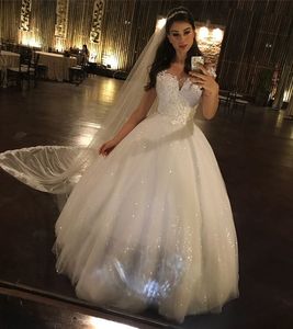 Gown Bling Ball Dresses Lace Applique Sheer Jewel Neck Beads Sequined Wedding Dress Bridal Gowns Vestidos De Noiva s