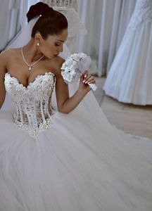 Querida frisado pérolas vestido de baile vestidos de casamento tule macio vestidos de noiva 2023 sexy rendas até voltar formal longo robe de mariee