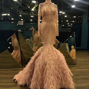 Luxurious Feather Mermaid Evening Dresses Arabic Dubai Beaded High Collar Prom Gowns Sequins Party Dress Glitter Vestidos 2020