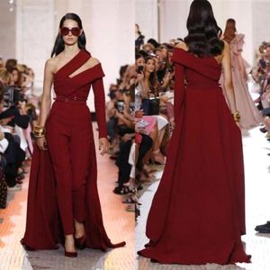Dark Red One Shoulder Satin Jumpsuit Evening Dresses 2019 Long Sleeve Ruched Floor Length Formal Party Prom Dresses With Over Skirts