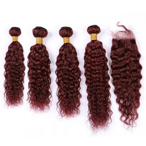 Wine Red Human Hair Lace Closure Wet and Wavy with 4Bundles 99J Burgundy Malaysian Water Wave Human Hair Weave Bundles with Closure
