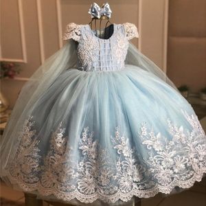 Lace Modern Appliqued vestido de baile azul Backless Flower Girl Vestidos para casamento Jewel Neck Beading Criança Pageant Vestidos Tulle Kids Prom Dress s