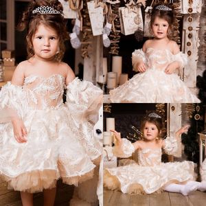 Abiti da bambina a fiore corto in pelliccia con spalle scoperte Perle Tutu Lunghezza al ginocchio Abiti da spettacolo per bambini Abiti da festa di compleanno per ragazze formali