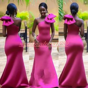Elegant Satin One Shoulder African Mermaid Evening Dresses Formal With Big Bow Party Plus Size Sleeveless Black Girl Prom Pageant Gowns