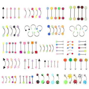 Set of 110 Colorful Body Piercing Barbell Stainless Steel Acrylic Nose Tongue Lip Belly Bar For Men and Women