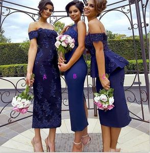 Navy Blue Arabic Sheath Bridesmaid Dresses Lace Off The Shoulder Sexy Peplum Wedding Guest Dress Tea Length Back Split Party Dress BD8996