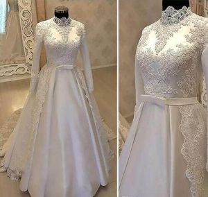 Vintage High Neck Muslim Wedding Dresses 2019 With Long Sleeves Lace Overskirts Satin Country robes de mariée Bridal Gowns With Belt