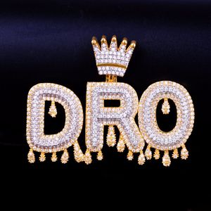 Nome personalizzato Gold Crown Bail Drip Iniziali Bubble Letters Collane da uomo Ciondolo Cubic Zircon Hip Hop Gioielli con catena da tennis
