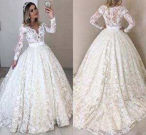 Long Sleeves Lace Ball Gown Wedding Dresses 2020 Modern V Neck Button Back Plus Size Bridal Gowns Sweep Train Vestidos De Novia AL3690