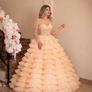 Amazing Beading Long Sleeves Wedding Dresses Sheer Bateau Neck A Line Ruffled Tiered Bridal Gowns Sweep Train Tulle Sequined robe de mariée