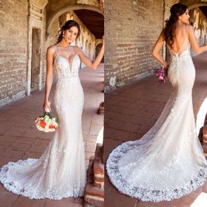 Chen Mermaid Kitty Lace Dresses Backless Beaded Strap Sweetheart Appliqued Crystal Beach Bridal Gowns Plus Size Wedding Dress