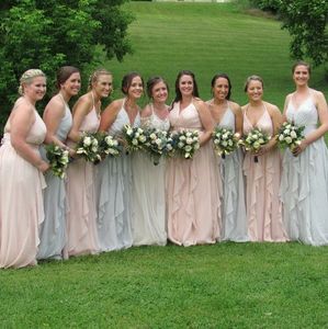 Modern Chiffon A Line Bridesmaid Dresses Sexy V-neck Long Wedding Guest Dress Maid of Honor Gowns with Cascading Ruffles