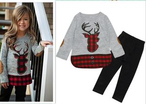 Weihnachten Elch Gitter Outfits Baby Mädchen Plaid Deer Top + Hosen 2 teile/satz Frühling Herbst Kinder Anzug Kinder Weihnachten Geschenk 90-130 cm