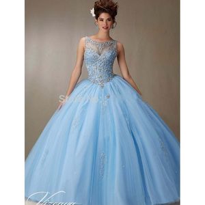 Vestidos де 15 бальное платье Anos Quinceanera Платья из бисера лифа Голубых Сладкие 16 платьев 2019 Дешевых Quinceanera Debutante платья платья