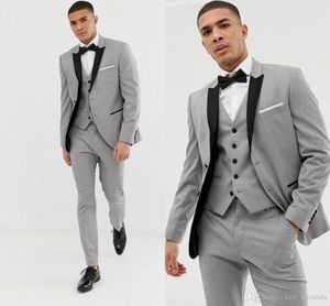 Grey Mens Suits Black Lapel Slim Fit Wedding Suits for Groom / Groomsmen Prom Casual Suits Custom (Jacket+Pants+Vest+Bow)