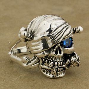 925 Sterling Silver Pirate Skull Ring Rose Blue CZ Mens Biker Style 9W101 C18122501