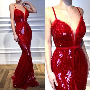 赤いスパンコ人マーメイドイブニングドレススパゲッティストラップRuched Bow Sash Pageant Gowns Prod Dress BC2302