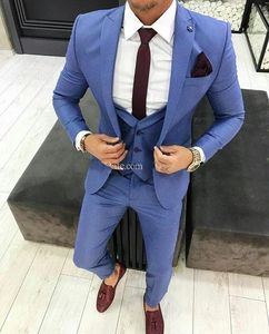 New Design One Button Blue Wedding Men Suits Peak Lapel Three Pieces Business Groom Tuxedos Jacket Pants Vest Tie W972