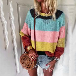 Осень Новый красочный базовый свитер Женская мода повседневная тонкая подходит с длинным рукавом полоса V-образным вырезом вязаный свитер Tops Hot