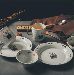 Ręcznie robione tableware garncarstwa miska Zestawy obiadowe Zestawy Plate Cup Set Ins Ins Tablewares Ręcznie malowane Mały Kubek Kubek Zachodni Deserowe Płytki Sałatka Miski i łyżka