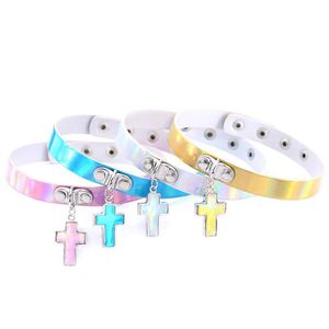 Cross Charms Pendant Choker Necklace Women Luminescent Laser Leather Short neck collar Fashion Holographic Jewelry drop ship