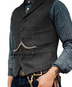 2019 Farm Brown Groom Västar Wool Herringbone Tweed Vest Slim Fit Mäns kostym för Prom Country Wedding Waistcoat Klänning Skräddarsydda Plus Storlek