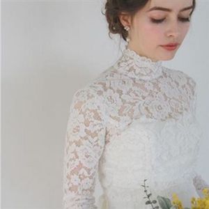 Винтажное свадебное болеро с высоким воротом и длинным рукавом, кружевные аппликации, прозрачная свадебная куртка цвета слоновой кости, размер S M L XL