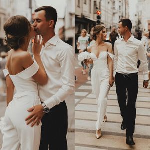 2019 Moda Vestidos De Casamento Mulheres Jumpsuits Custom Made Off Ombro de cetim Vestidos de Noiva Plus Size Vestido de Noiva Barato