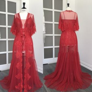 Red Two Piece Wedding Robes Spaghetti Strap Applique Lace Housewear Women Bathrobe Floor-length Tulle Customized Night Gown For Women