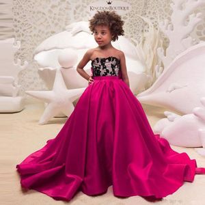 Fuchsia A Line Sweetheart Flower Girls Dresses Wedding Party Gowns Bow Long Train Toddler Pageant Dresses Satin Kids Prom Gowns 34