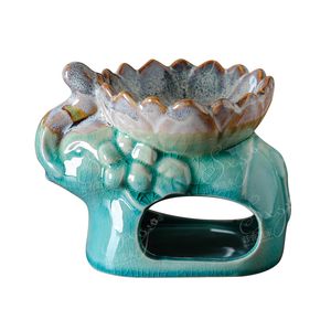 Thai Elephant Essential Oil Burner Fragrance Lamps with Lotus Flower Bowl Ice Crack Glaze Ceramic Aromatherapy Diffuser Candle Holder Five Colors