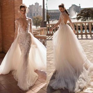 Abiti da sposa da spiaggia senza schienale a sirena Scollo a V profondo Gonna lunga Maniche lunghe Abiti da sposa bohémien Tulle Plus Size Boho Vestidos De Novia B1