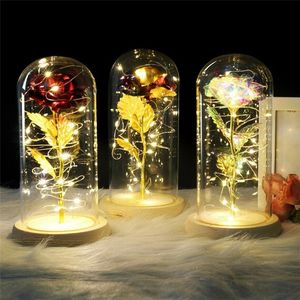 LED-Galaxie-Rosenblume, Valentinstagsgeschenk, romantische Kristallrose, hoher Bor-Glas-Holzsockel für Freundin, Ehefrau, Party-Dekoration