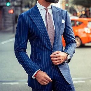 New Popular Two Buttons Navy Blue Strips Wedding Men Suits Peak Lapel Two Pieces Business Groom Tuxedos (Jacket+Pants+Tie) W1261