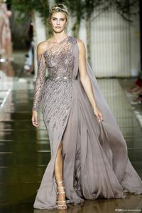Elegant One Shoulder Chiffon Long Evening Dresses Beaded Sequins Ruched Split Floor Length Formal Party Red Carpet Prom Gowns BA9860