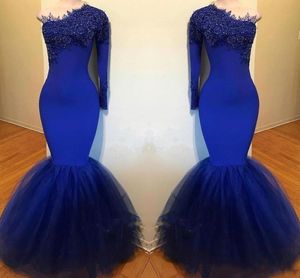 South African Royal Blue Prom Dresses Vintage Long Sleeve One Shoulder Mermaid Women Occasion Evening Gowns Designed Formal Wear