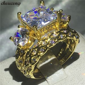 Choucong anel do vintage conjunto de ouro amarelo cheio de três pedras de diamante banda de noivado anéis para as mulheres homens jóias de casamento conjunto nupcial