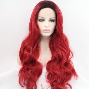 Sexig Ombre Red Syntetisk Lace Front Wig Body Wavy Wig Glueless 1B Ombre Värmebeständig Naturlig Hårlinje För Kvinnor