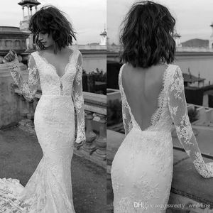 New Bohemian Beach Encantadora Sereia Vestidos De Noiva Applique Lace Illusion Mangas Longas Sexy Backless Plus Boho Brown Bidal Wedding Woodes