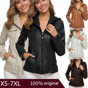 Women autumn new long sleeved pure color zipper leather coat plus size jacket slim fit hooded jacket XS XL
