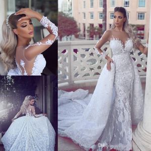 Said Mermaid Wedding Dresses Detachable Train Luxury Style Lace Bridal Gowns Sheer Neck Long Sleeves Buttons Vestidos Plus Size