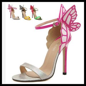 熱い販売夢のような蝶のホットピンクワンストラップスティレットヒールドレスサンダルスーパーセクシーなハイヒールの女性の靴3色EU35から40