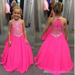 Halter Sheer Neck Girls Pageant Klänningar Med Beaded Rhinestones Sashes A-Line Ball Gown Barn Födelsedagsfest Wear Teens Bröllop Junior Dress