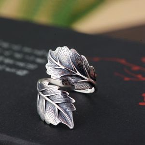 Real 925 Sterling Silver Vintage Leaf Open Stacking Ringar För Kvinnor Män Par Present Cool Punk Fashion Smycken Anillos